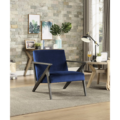Chaise en velours rétro, revêtement bleu marine, structure en bois d'hévéa massif, gris antique, profondeur d'assise de 22 po, largeur de 35 po, chaise d'appoint de maison moderne d'aspect gris bois