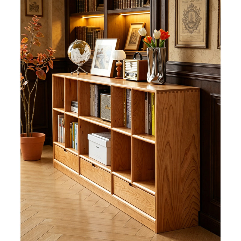 Minimalist Solid Wood Open Bookshelf with Drawers