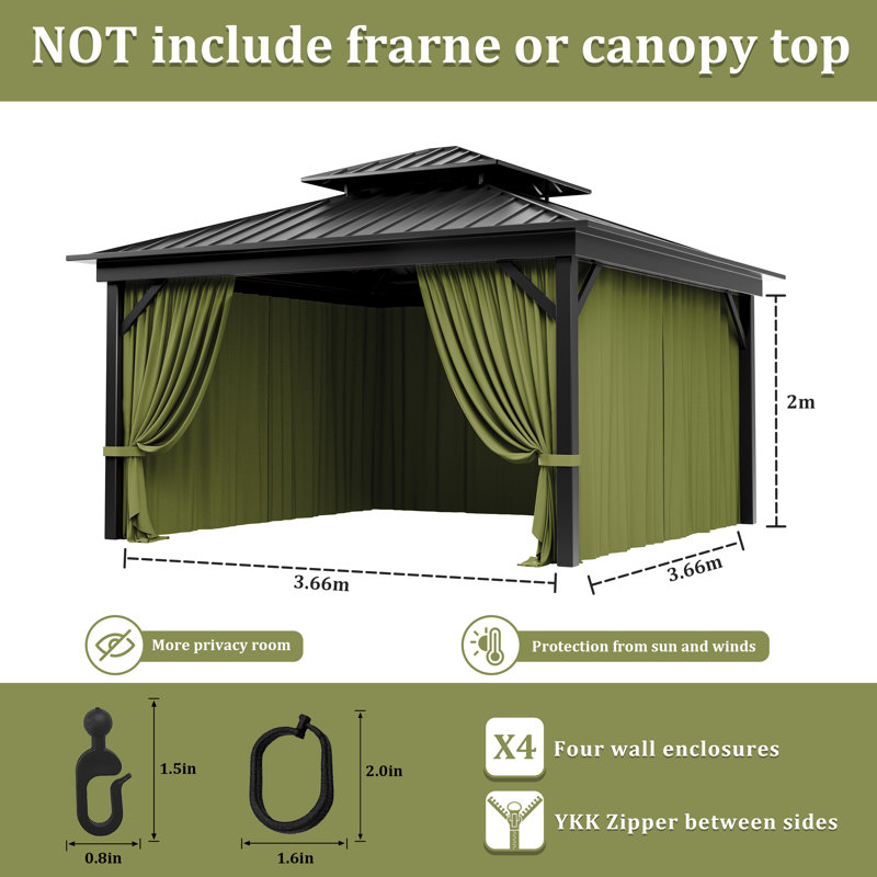 4-Panels Sidewall Curtains For Gazebo, Only Curtains, 78.74" H x 144" W x 144" D, Light Green