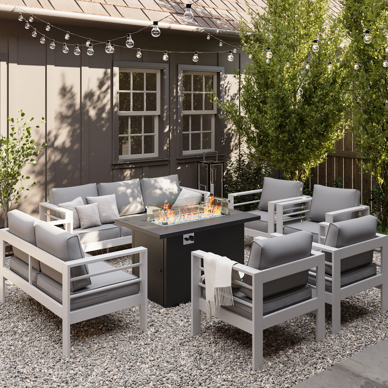 9-Person Sofa Seating Group With Fire Pit, Light Gray Cushion/White Frame