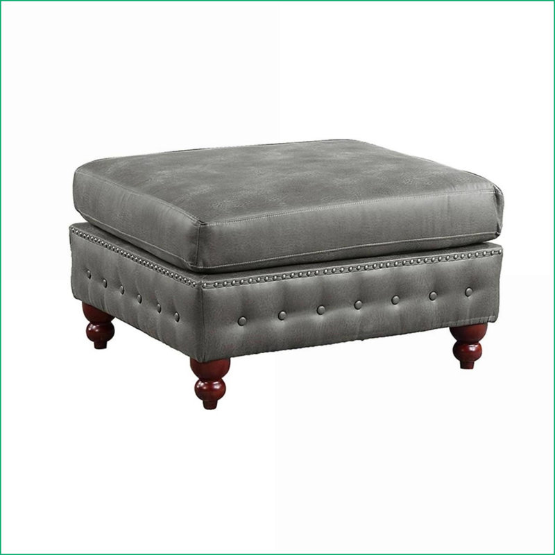 Ottoman Slate Gray Breathable Leatherette Tufted Nailhead Living Room | Gourd-Shaped Wood Legs | Walnut Brown Finish