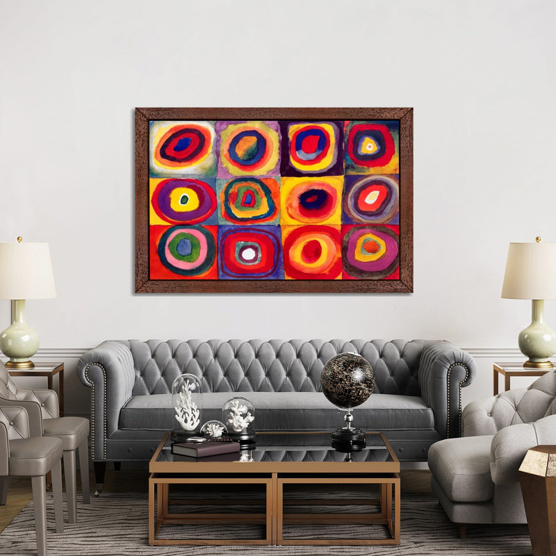 Squares With Concentric Circles by Wassily Kandinsky - Painting on Canvas, 66.04 cm H x 45.72 cm W, Brown Framed