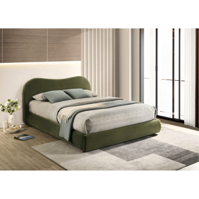 Contemporary Olive Velvet King Bed, Curved Design, Storage , Solid Wood And Engineered Bed Eastern With Boucle Velvet, Feature, Modern Bedroom Furniture
