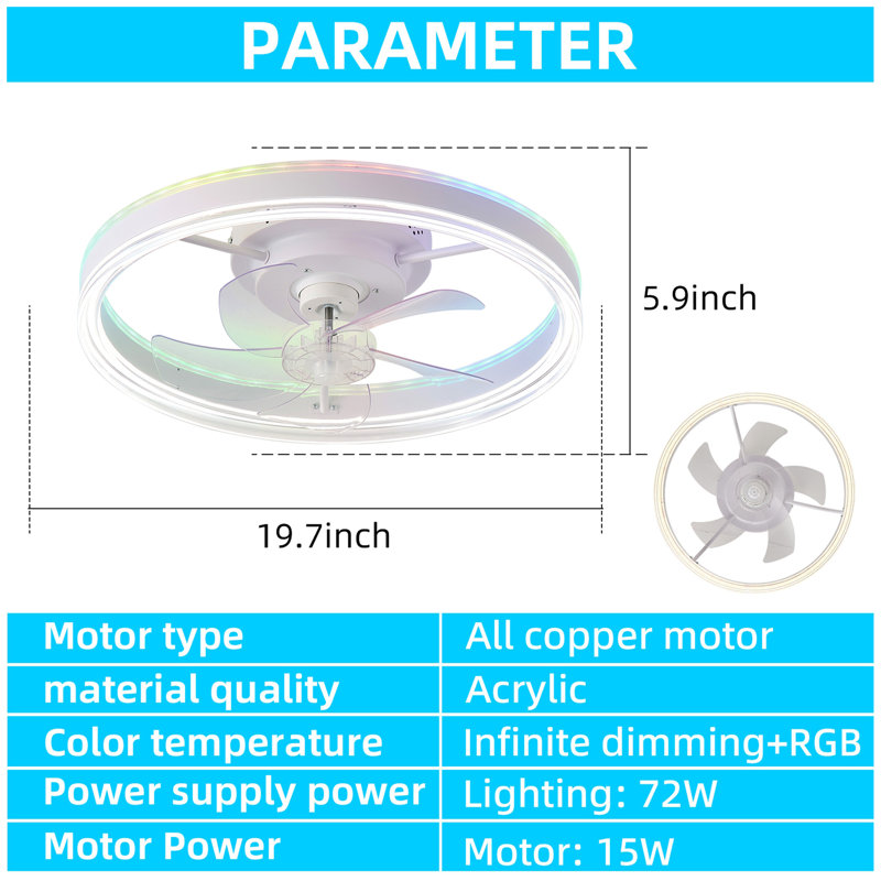 19.7 Inches Fan Light RGB Colour Lights Three Colour Temperature 6-Speed Adjustable Wind Power Positive And Negative Rotation