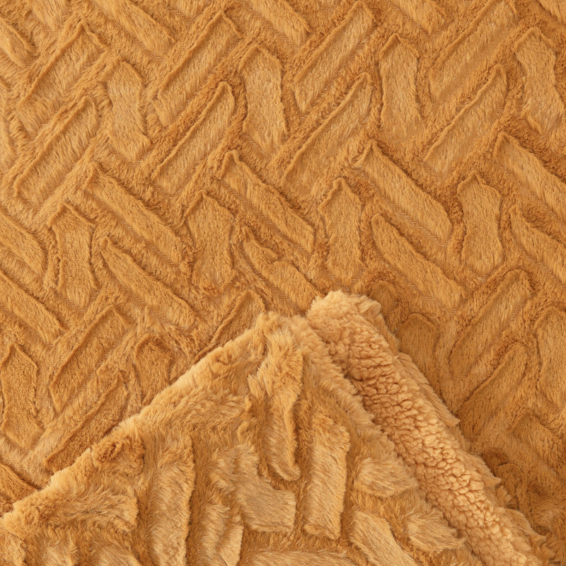 Golden Knitted Faux Fur Throw Blanket with Tassels