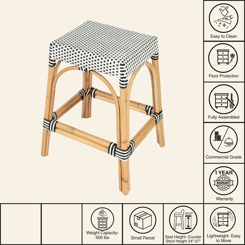 Robias Rattan Bar & Counter Stool, White/Black Dot/ Natural Rattan Frame, Counter Stool (24.5" Seat Height)