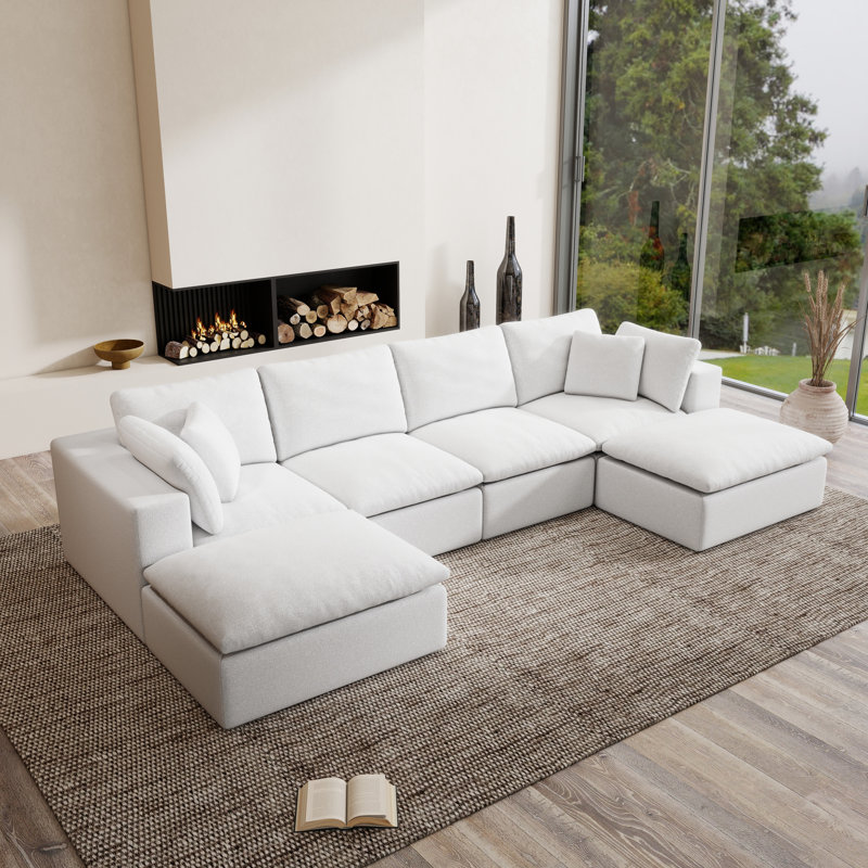 137" U-shaped Sectional Couch, Compression Sofa, White Chenille, White Chenille