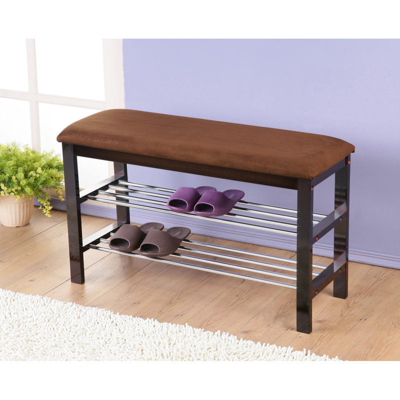 Banc à chaussures en bois avec siège en microfibre chocolat