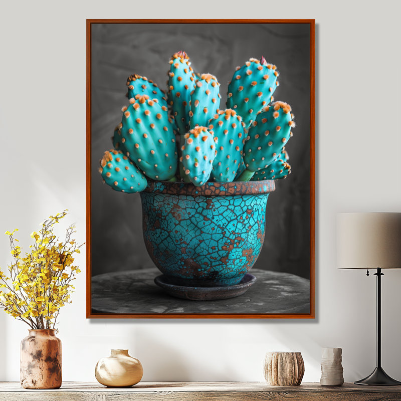 Turquoise gris, photo monochrome de cactus dans un vase - art mural de cactus floral, salon, Toile avec cadre flottant brun