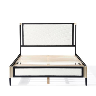 Full Size Bed With White Boucle Fabric Headboard, Industrial - Look Champagne Silver + Black Frame, Solid Slats For 800 Lbs Weight, Quick Assembly In Bedroom Featuring Upholstered Wood Load,