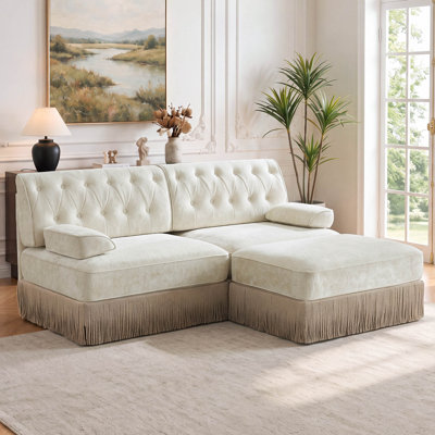 Canapé modulaire en velours capitonné 76,6 po avec jupe à franges et repose-pieds mobile Chesterfield