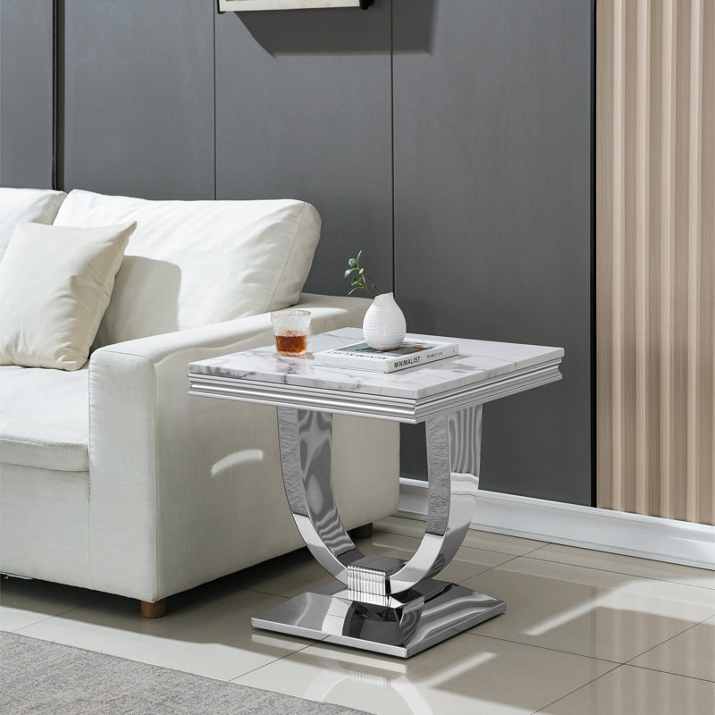 Table de bout Burdell Et0233, Argent argent, Blanc / Blanc