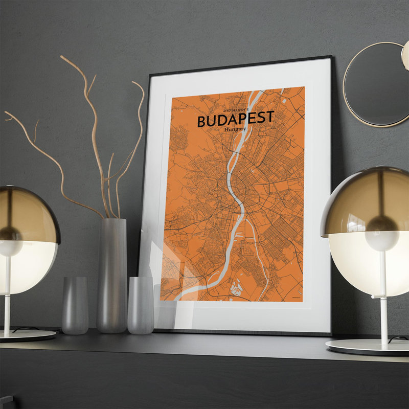 Budapest City Map In Orange - No Frame Print, 17cm H x 11cm W x 0.05cm D