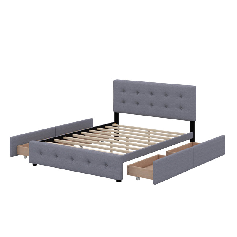 Grand lit plateforme tapissier avec tête de lit classique et tiroirs, Gris foncé