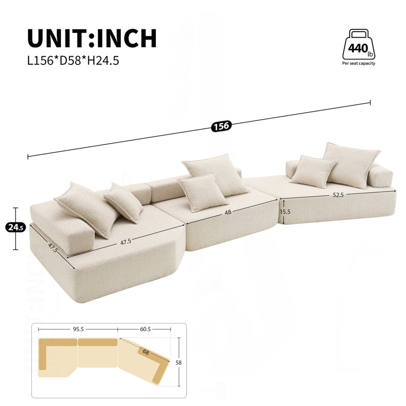 Canapé modulaire surdimensionné surdimensionné, ensemble de canapé de plancher Boucle de luxe, canapé convertible compressé, canapé spacieux rempli de mousse pour le salon, combinaison gratuite de 3 PC, 2 couleurs