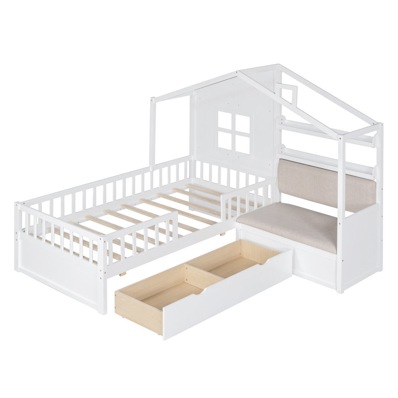 Lit simple avec canapé, lit plateforme pour enfants avec deux tiroirs et tablette de rangement, blanc
