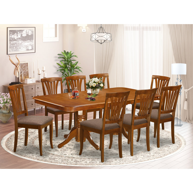 9 Piece Dining Room Table Set Includes a Rectangle Kitchen Table with Butterfly Leaf and 8 Linen Fabric Upholstered Dining Chairs, Saddle Brown