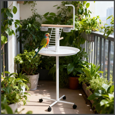 Support à oiseaux facile à déplacer avec roulettes, bols d'alimentation, plateau rond et station d'alimentation pour oiseaux
