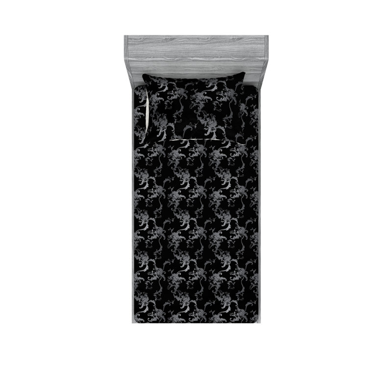 Ambesonne Fitted Sheet & Shams, Gray/Black/Charcoal Gray Flower, Twin XL Sheet Set with 1 Pillowcase