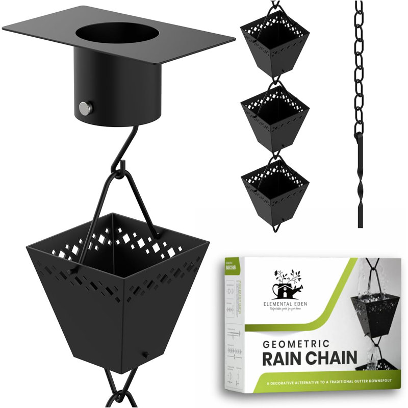 Ensemble de chaîne de pluie avec adaptateur et extension | Chaînes de pluie pour gouttières noires thermolaquées 10 pi