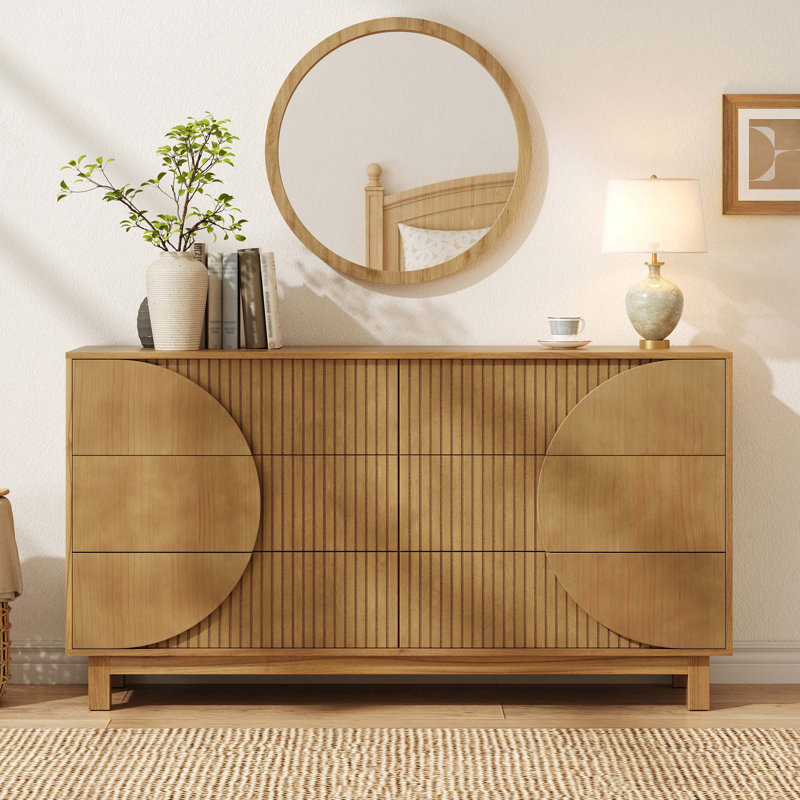 Commode cannelée moderne à 6 tiroirs avec pieds en bois massif et rangement multi-pièces, Brun