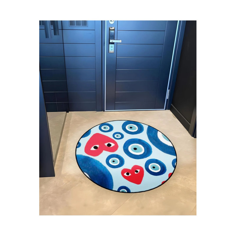 Woven Base Decorative Carpet With Blue Evil Eye Bead And Red Heart Detail, Round 3'4"