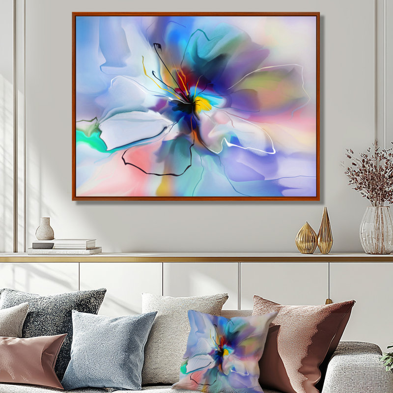 Fleur abstraite, création et impression bleue, Cadre flottant blanc, H 24 po x l 32 po