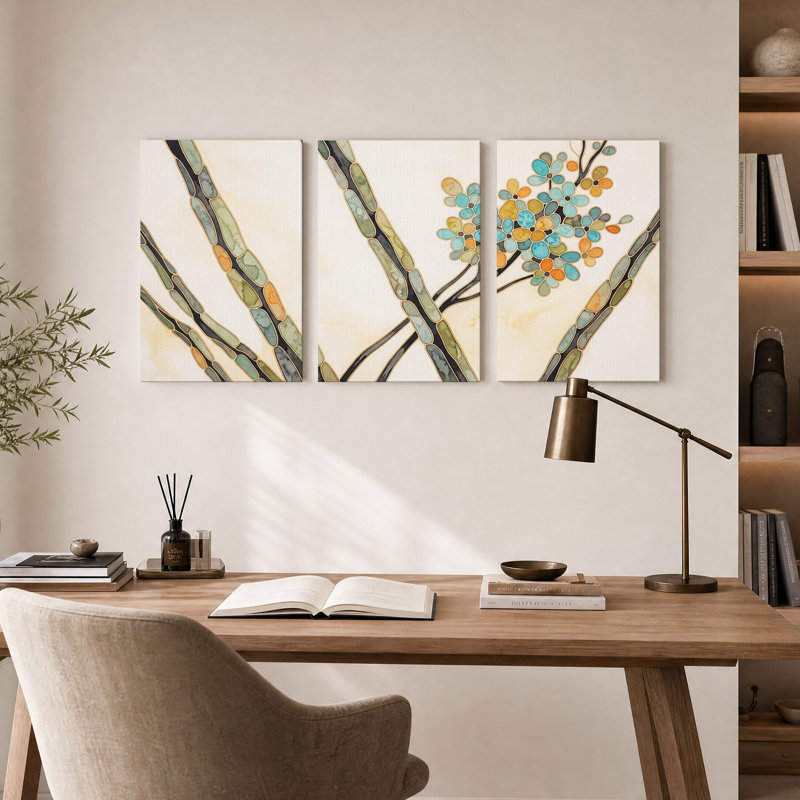 Ensemble de 3 toiles murales représentant des branches florales en vitrail turquoise et orange, 30"H x 20"W x 3pcs