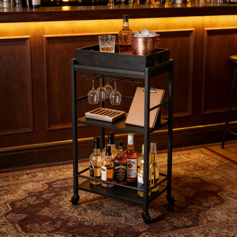 Chariot-bar roulant à 3 niveaux avec plateau amovible, support à vin et roues verrouillables - Chariot de service mobile pour la cuisine et les boissons