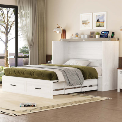 Farmhouse Murphy Cabinet Bed With Charging Station, Foldable Platform Bed With Large Storage Drawer For Guest-Room, Small Bedroom