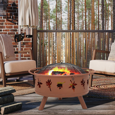 Foyer d'extérieur au feu de bois rond de 32 po, bol de table avec motif de feuilles d'érable, incluant tisonnier et pare-étincelles pour la terrasse ou la cour