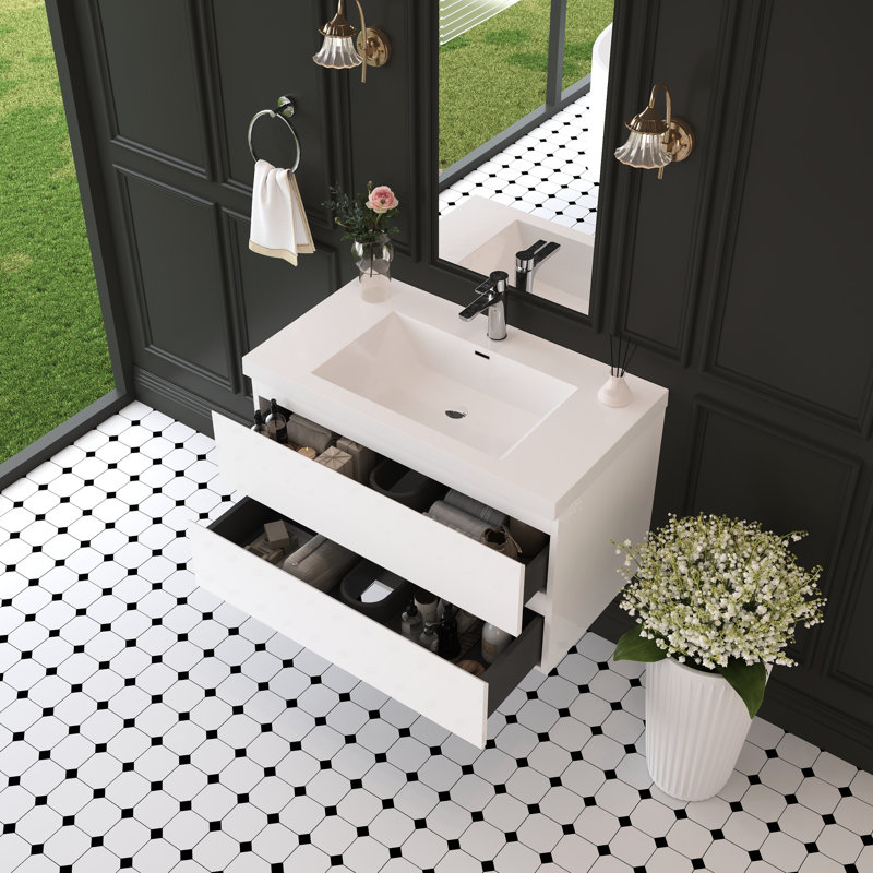 Meuble-lavabo flottant moderne 36 po avec lavabo, meuble de rangement mural, lavabo blanc brillant, tiroirs à fermeture en douceur, peu encombrant, comptoir en résine, assemblage rapide, rangement durable, solide