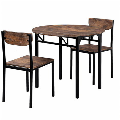 Ensemble de table de salle à manger moderne 3 pièces avec abattant et 2 chaises pour petits espaces, structure noire + finition brun rustique