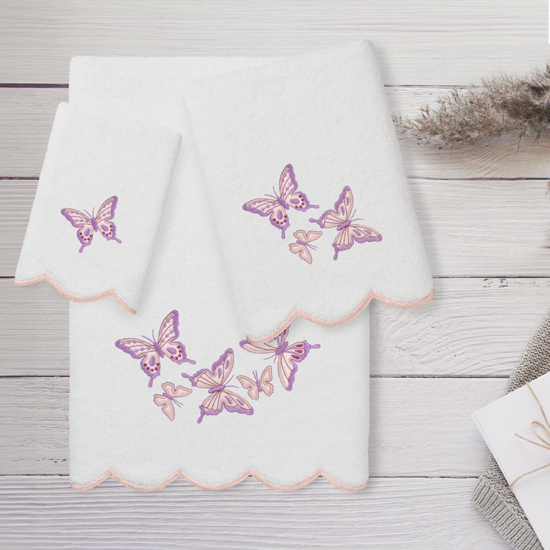 Ensemble de serviettes 3 pièces Linum Home Textiles 100% coton turc BRITNEY, Blanc / Rose, Ensemble 3 serviettes de bain