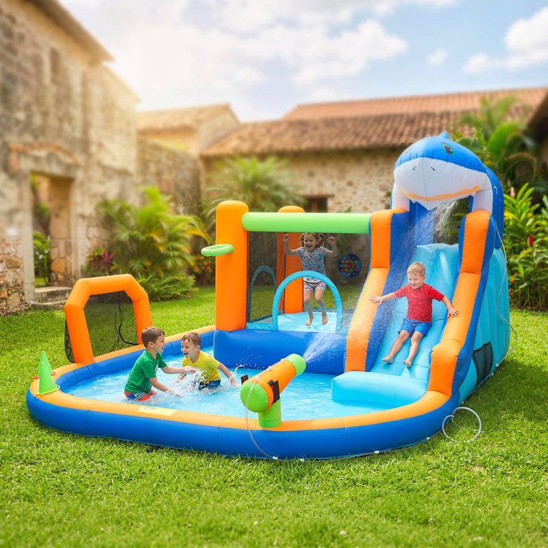 AIYAPLAY Large Inflatable Bouncy Castle for Kids 8 in 1 Sharks Theme Blue