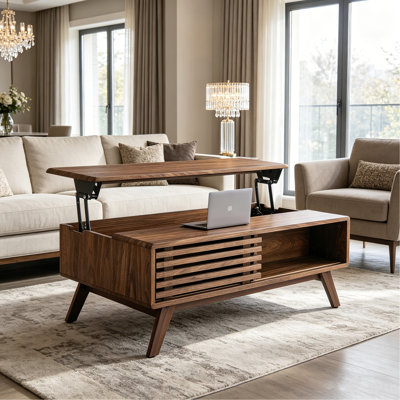 Table basse à plateau relevable en noyer de 39,37 po, table basse multifonctionnelle avec rangement dissimulé et tablette ouverte pour le salon