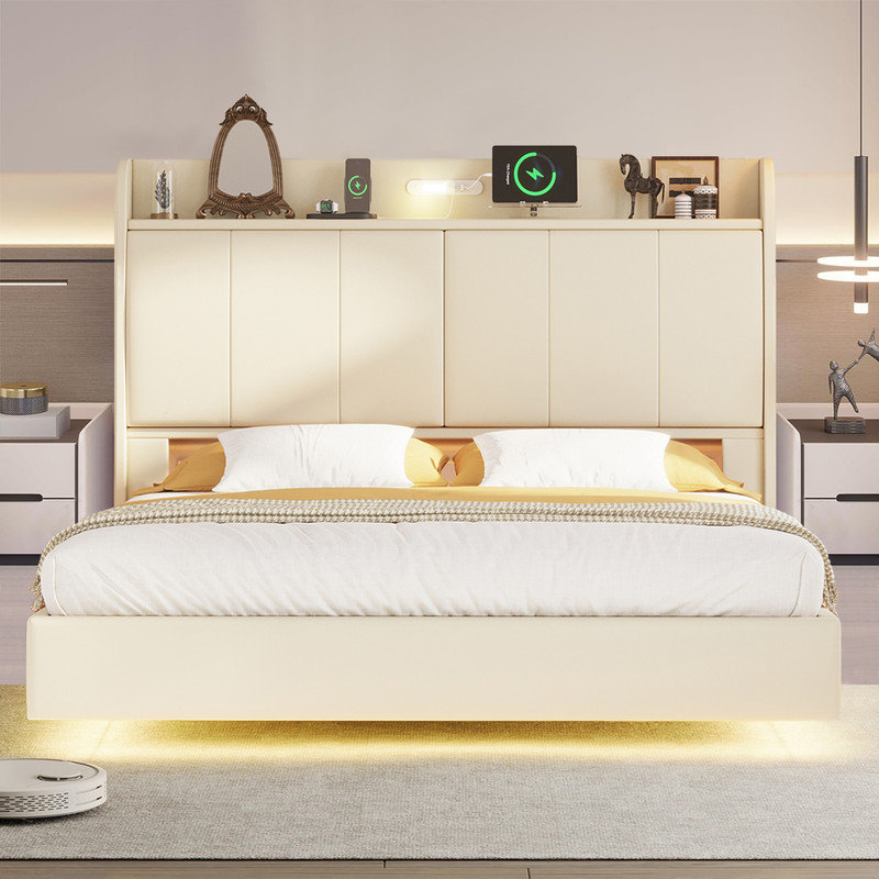 Multi-function Floating Bed Frame, Modern Upholstered Platform Bed with USB ports, Storage Headboard and Touch Sensor Night Light
