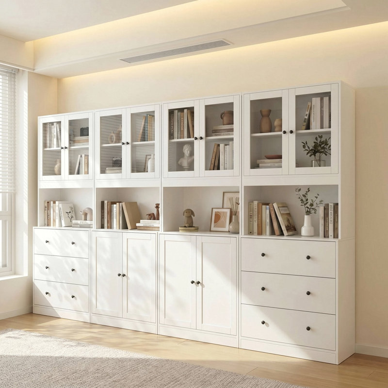 Book Cabinet Storage Bookcase, 5-Tier Modern Bookshelves With 3 Large Drawer And Glass Door(2A+2B), White
