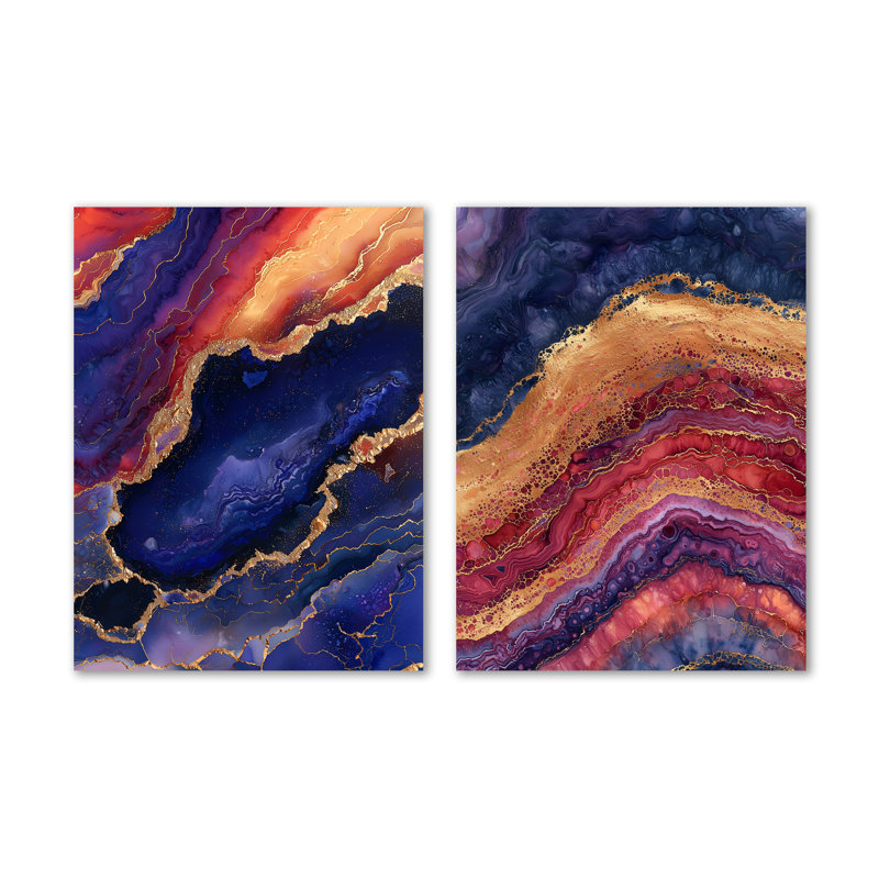 «Blue Gold Drifting Glow of Agate», art mural 2 pièces en métal - imprimé sur métal, 32" H x 48" W