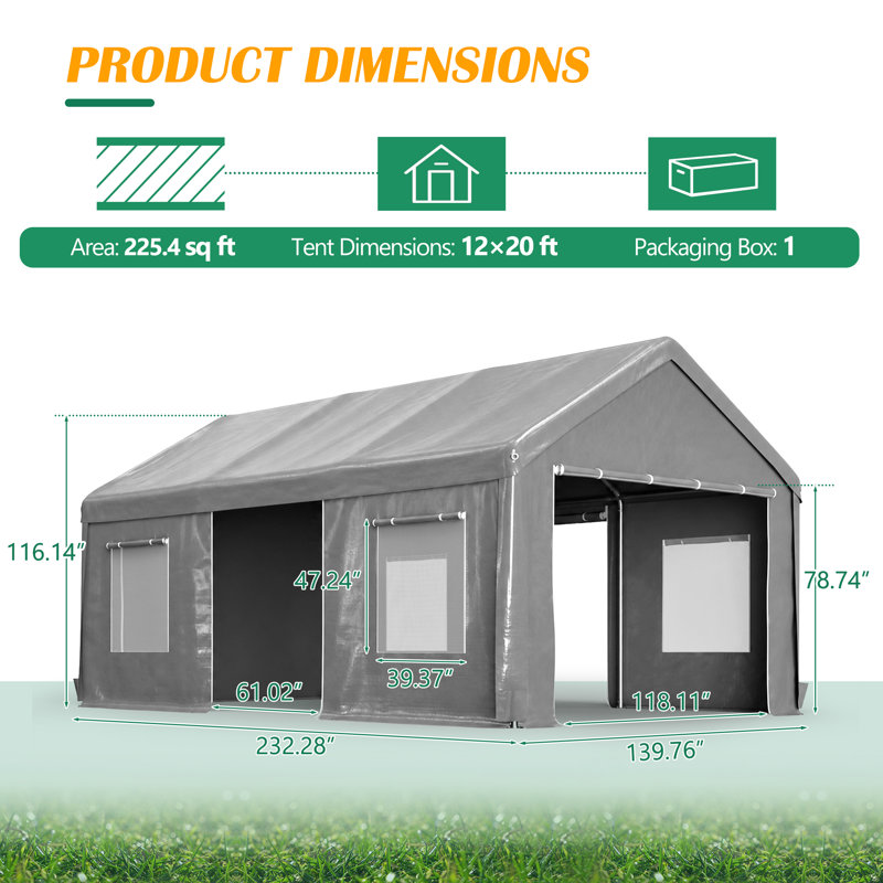 12x20 FT Heavy Duty Carport Canopy, Outdoor Garage with Roll-Up Doors & Mesh Windows, Galvanized Steel Frame, Waterproof UV Protection – For Car, SUV, Party, Market, Storage