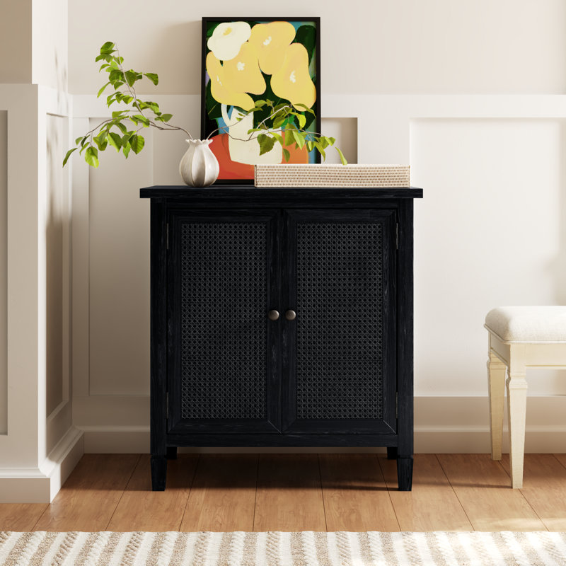 Charleston 2-Door Cane Cabinet, Washed Black