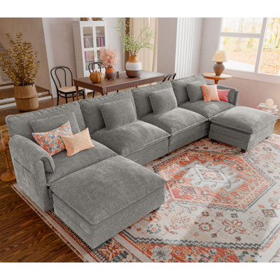 Canapé modulaire modulaire en forme de U 150 pièces Amabilia avec repose-pieds amovible en tissu chenille gris