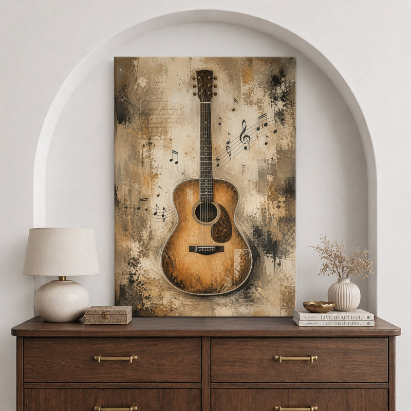 Illustration d'une guitare acoustique rétro avec notes de musique, photos de salle de musique, impression sur toile encadrée