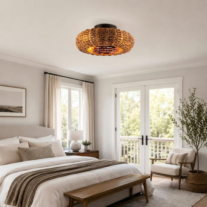 Ventilateur de plafond encastré en rotin 20 po avec télécommande pour les intérieurs bohémiens et côtiers
