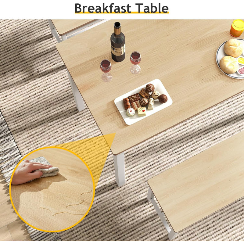 Dining Room Table Chairs Set For 4 With 2 Benches & Adjustable Feet Table, Natural