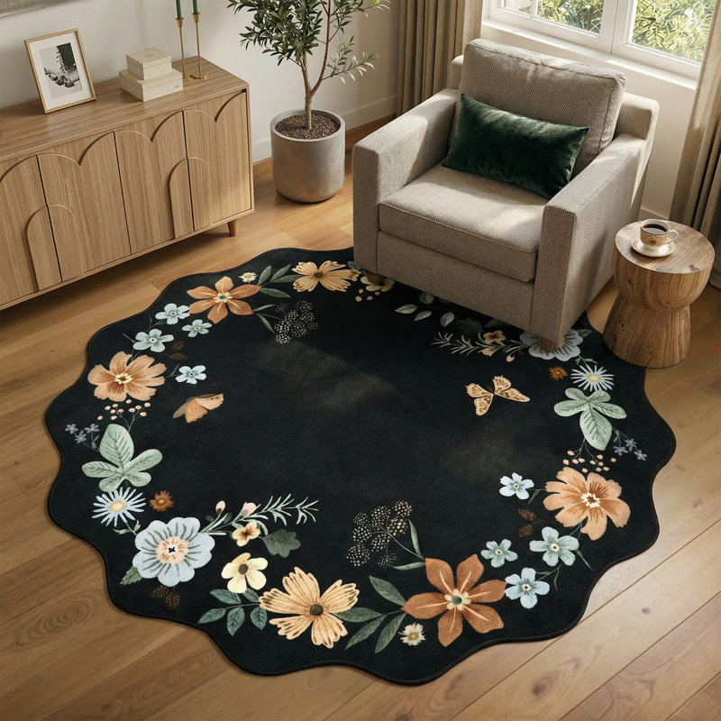 Garbrand Machine Washable Floral Farmhouse Area Rug with Non-Slip Backing for Living Room, Dining Room, Bedroom, Round 6'
