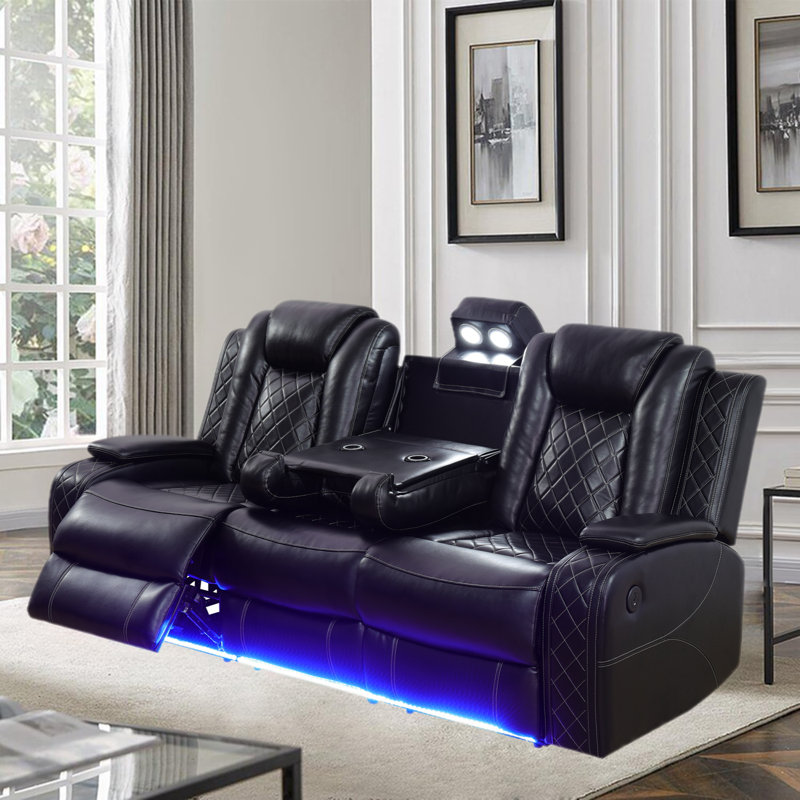 Moncher 83.5" Storage Arm Vegan Leather Power Reclining Sofa With Lighting