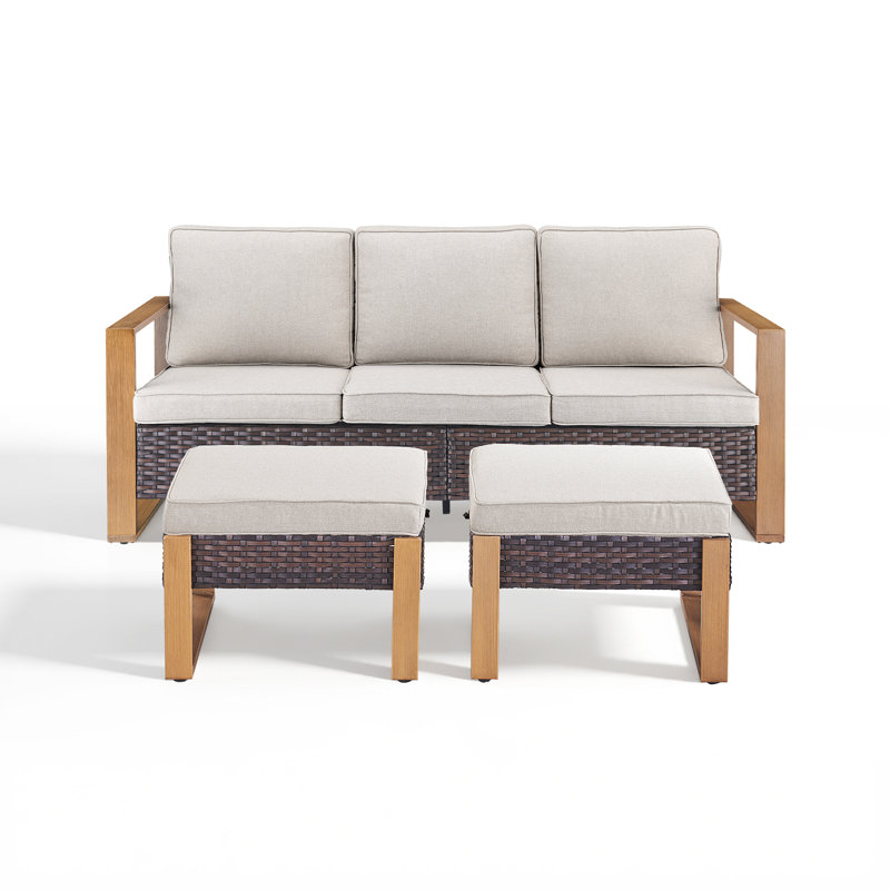 Bothwell 75" Outdoor Wicker Patio Sofa With Cushions And Ottomans – Deep Seating Outdoor Couch, Beige, Brown