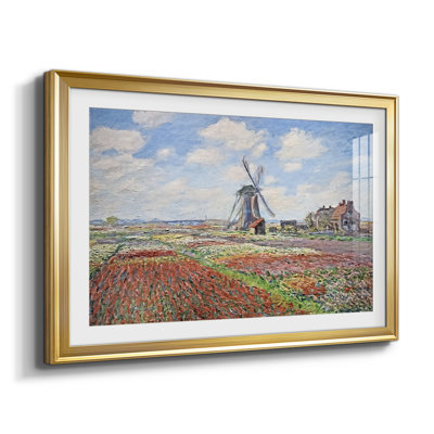 Tulip Fields with the Rijnsburg Windmill-Claude Monet - reproduction d'art encadrée avec passe-partout et verre - 1886