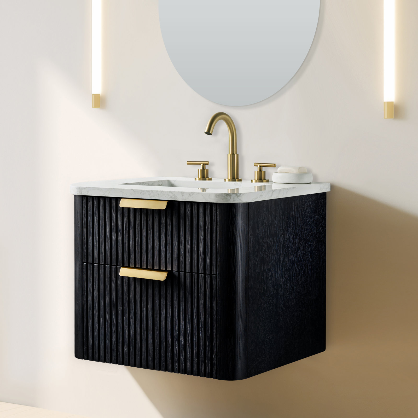 Liljan 24'' Wall-Mounted Single Bathroom Vanity with Engineered Stone Top, Black Oak/Brushed Bronze